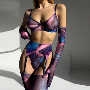 Unleash Your Inner Diva: Delightful Tie-Dye Lingerie Sets Featuring Lace Gloves, Stockings and Transparent Bras - A New Sensation in Women's Sleepwear!